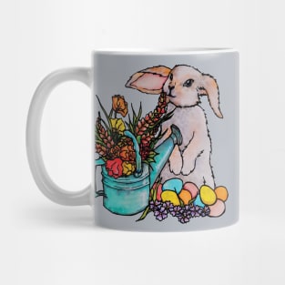 Watercolor Easter Bunny with watering can full of flowers Mug